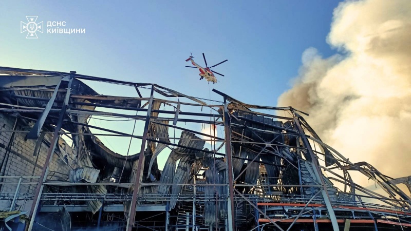 Helicopters battled 10,000 square meters fire near Kyiv caused by another Russian strike