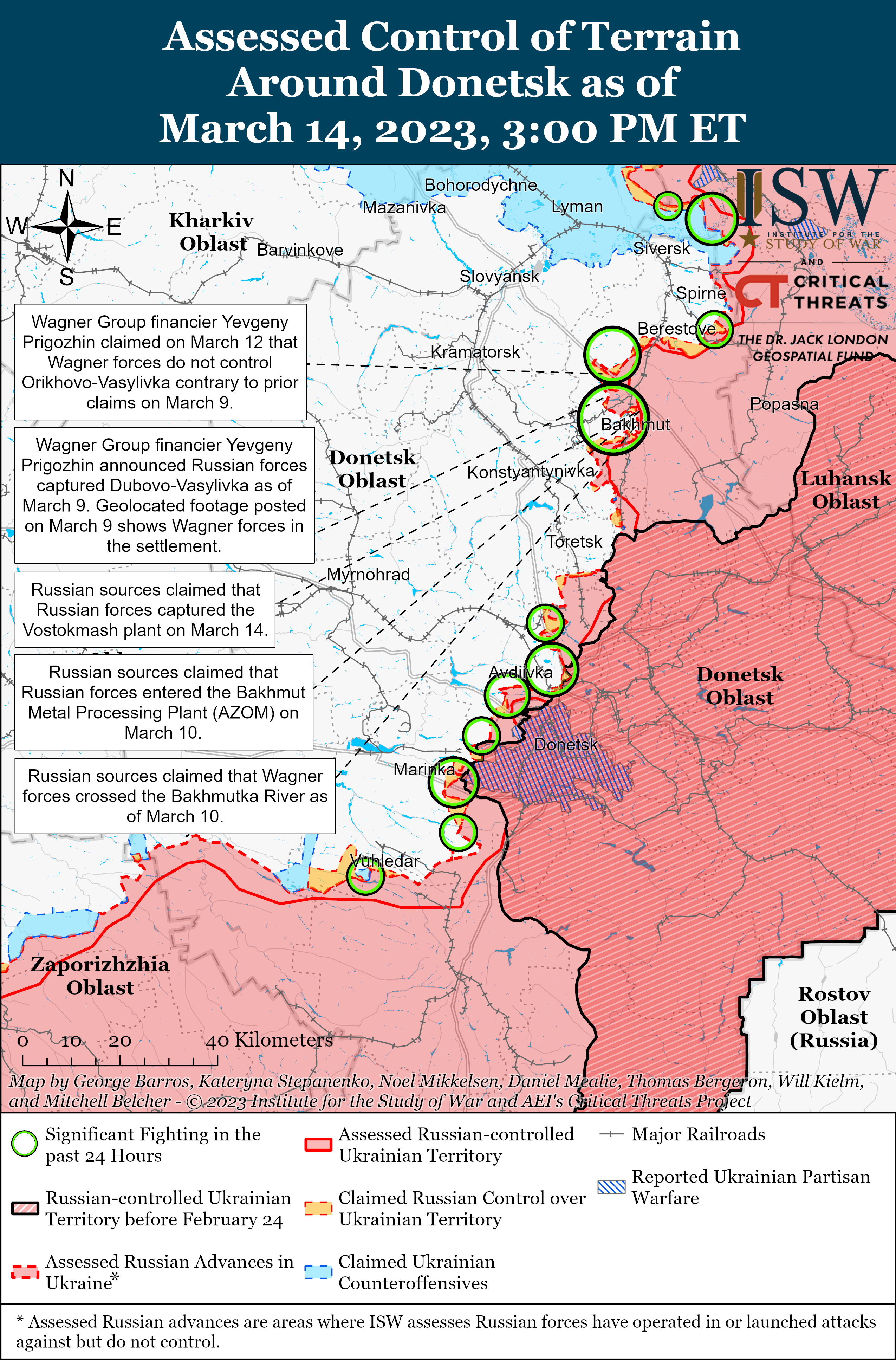 Войска РФ наступают в Бахмуте и строят укрепления на границе с Украиной: карты боев ISW