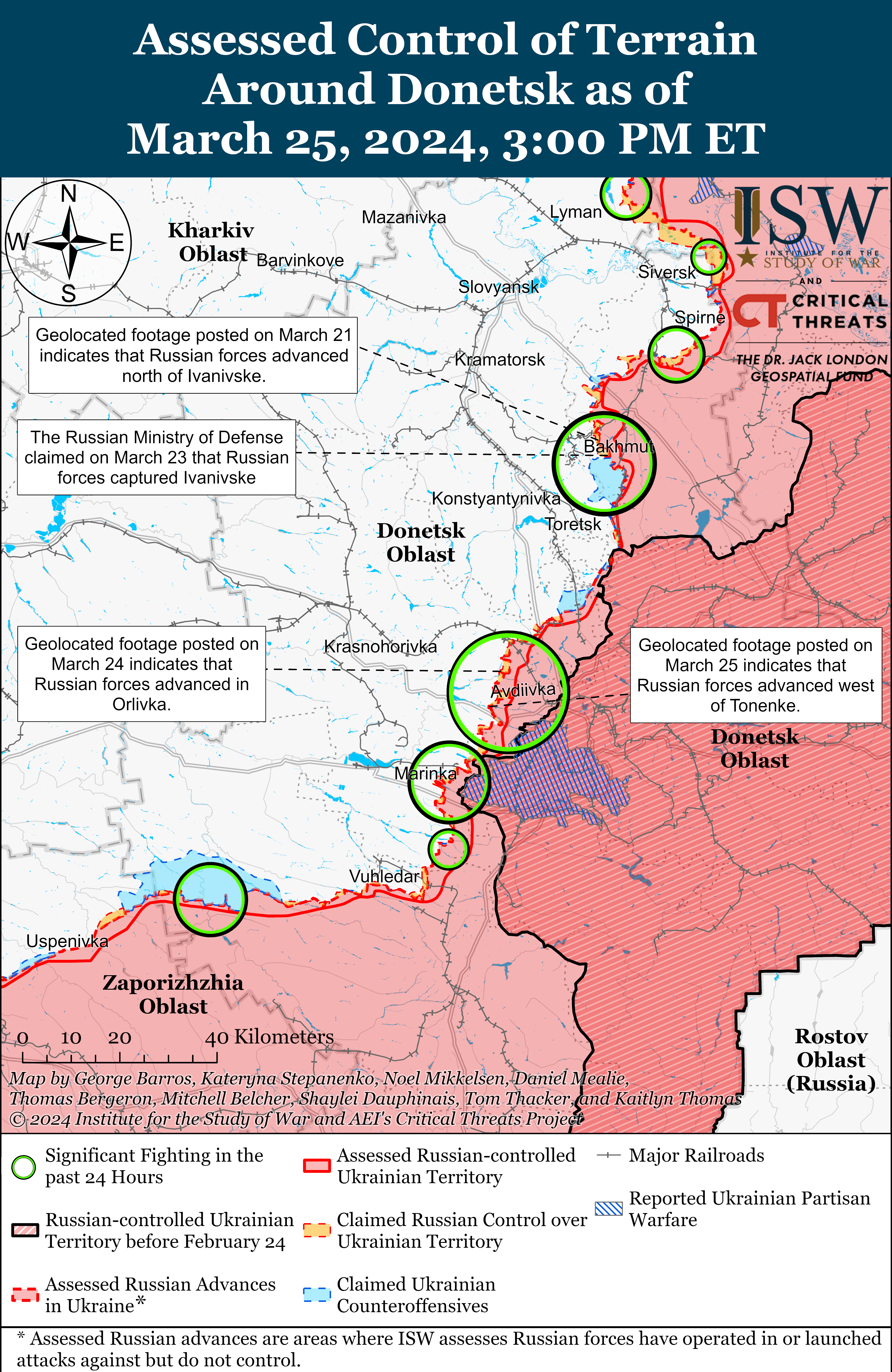 Росіяни просуваються у Донецькій області, позиційні бої точаться на більшості напрямків: карти ISW