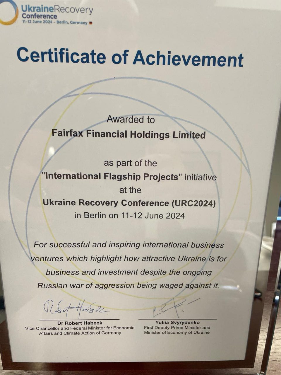 Компания Fairfax, акционер страховой ARX, отмечена на Международной конференции по вопросам восстановления Украины за успешные проекты