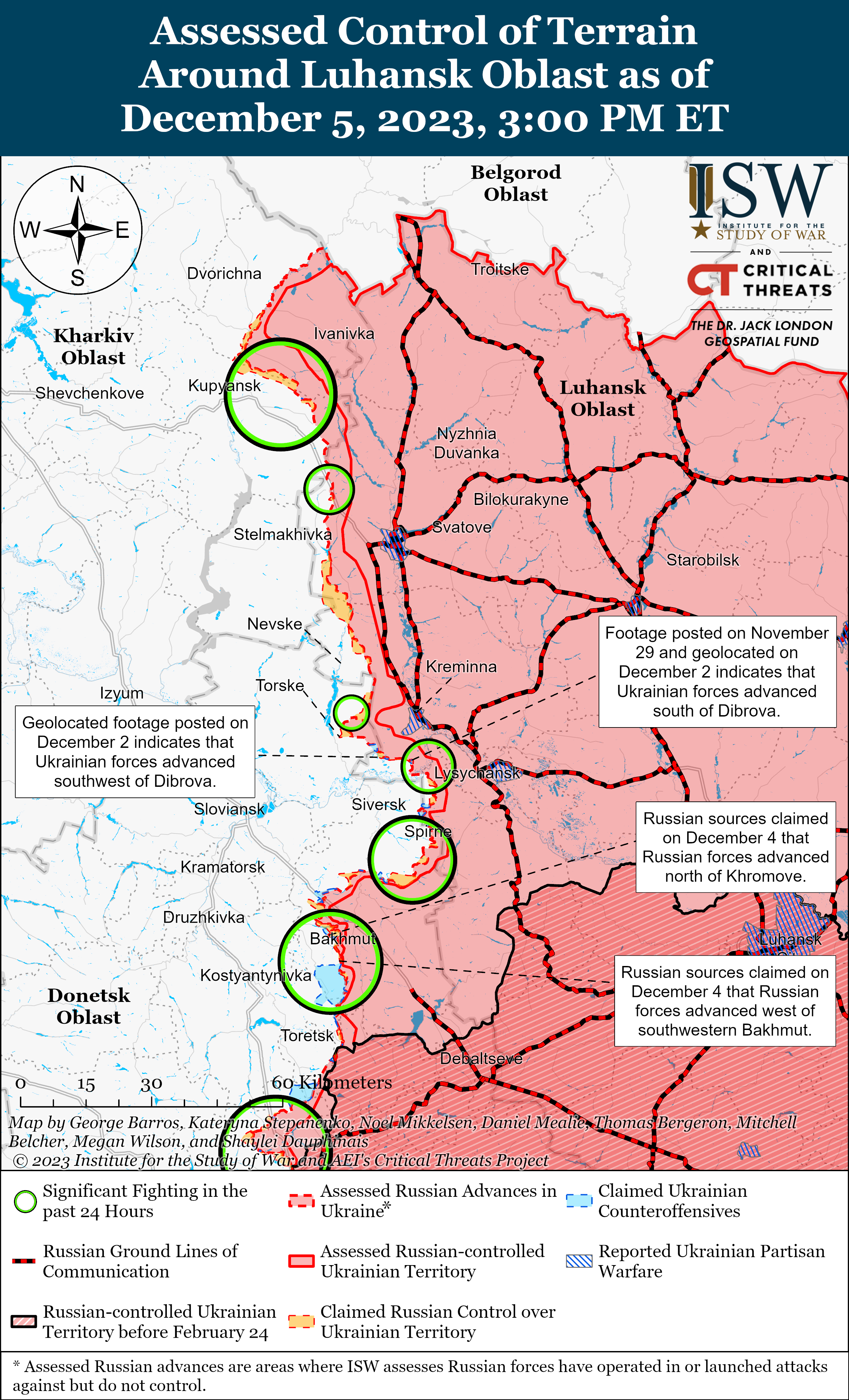 ВСУ контратаковали в районе Бахмута и Авдеевки и отбили несколько позиций: карты боев ISW