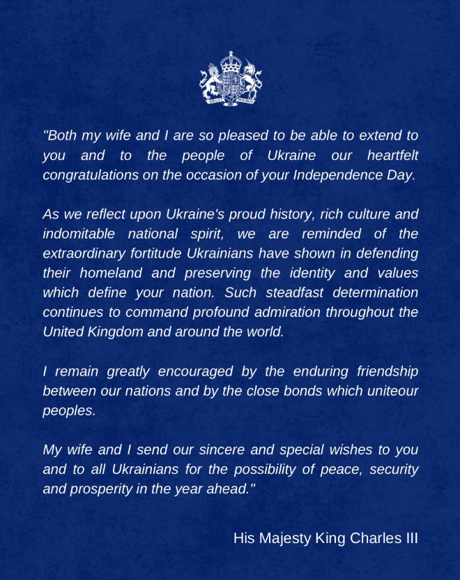 King Charles III hails Ukraine's 'steadfast determination' on Independence Day
