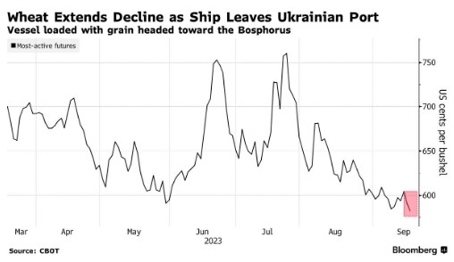 Світові ціни на пшеницю падають після того, як судно із зерном вийшло з Чорноморська