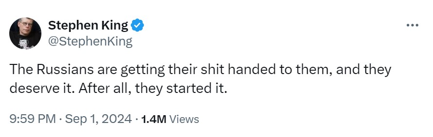 Stephen King supports Ukrainians and comments on war: 'Russians are getting their shit handed to them'