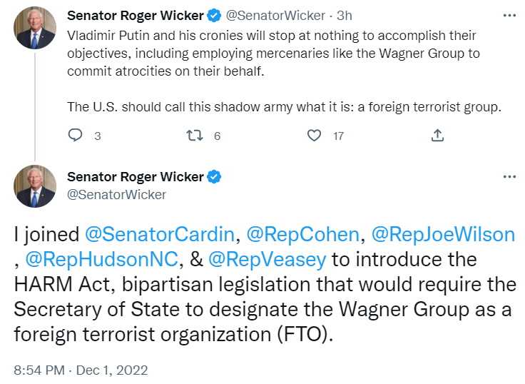 Сенатори США внесли законопроєкт про визнання ПВК «Вагнер» терористичною організацією