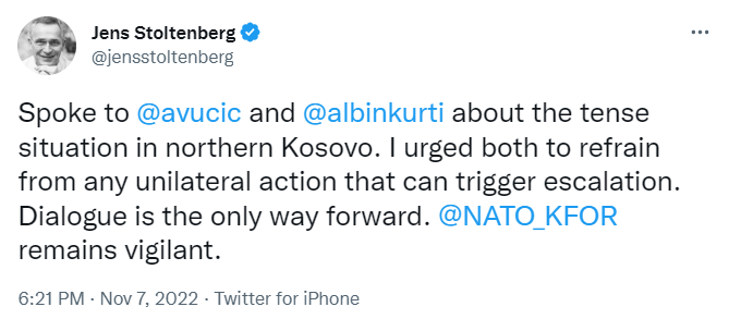 Столтенберг застеріг лідерів Сербії та Косова від ескалації: миротворці НАТО зберігають пильність