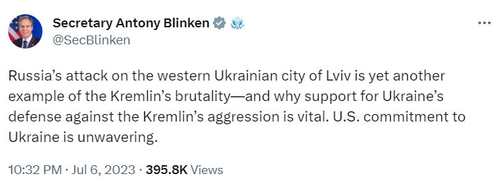 Блинкен о ракетном ударе по Львову: Еще один пример жестокости Кремля