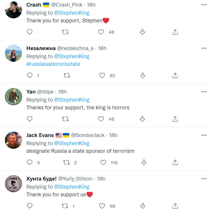 Стивен Кинг дал определение российским атакам по гражданским объектам в Украине