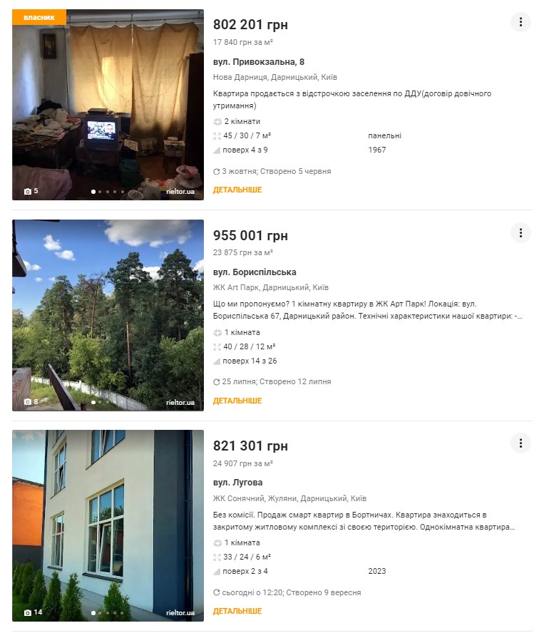Квартиры дешевле 1 миллиона гривен в Киеве, актуальные предложения (скриншот с сайта flatfy.ua)