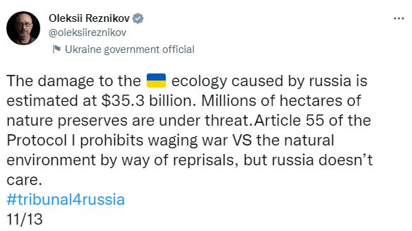 В Міноборони підрахували суму збитків екології України після нападу РФ