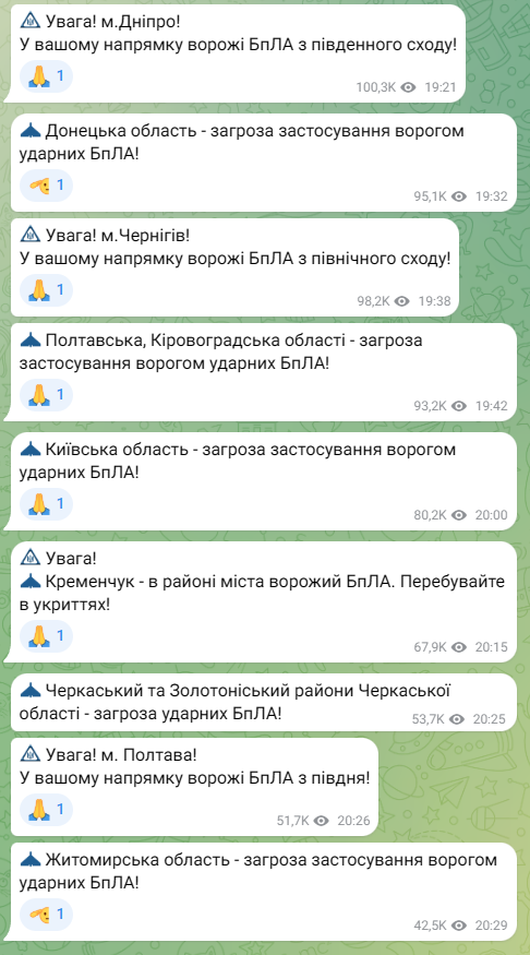 У Києві та низці областей оголосили повітряну тривогу: зафіксовано дрони