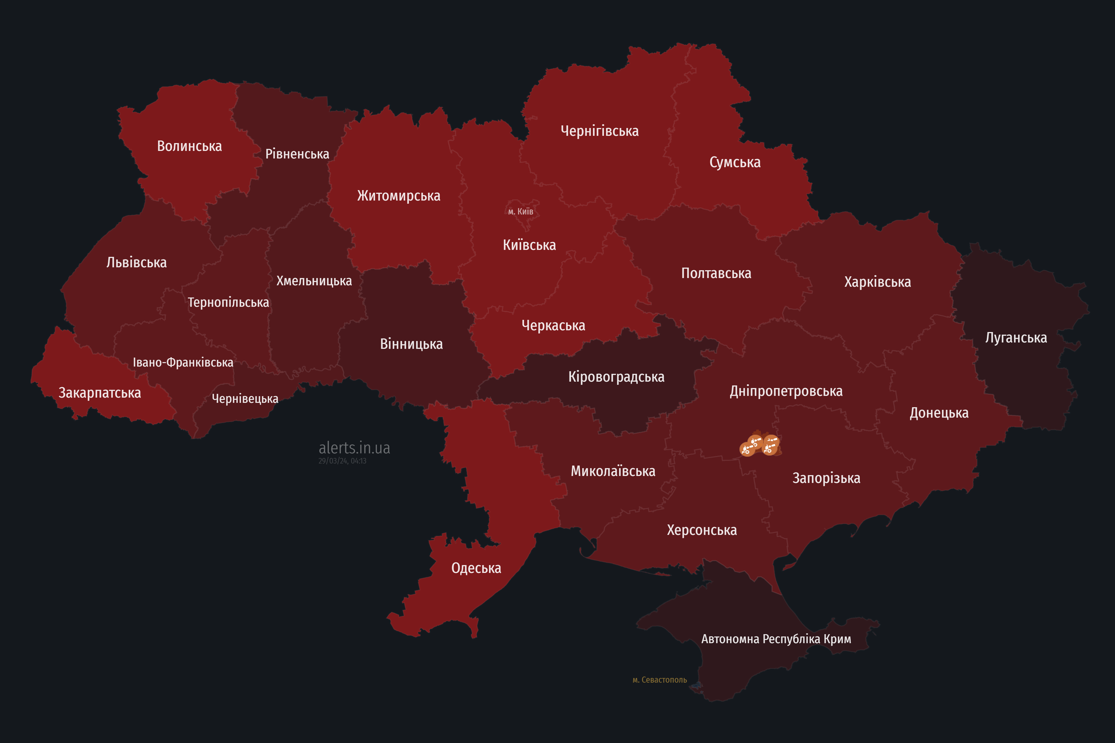 В Украине объявлена масштабная воздушная тревога: пуски &quot;Кинжалов&quot; и крылатых ракет