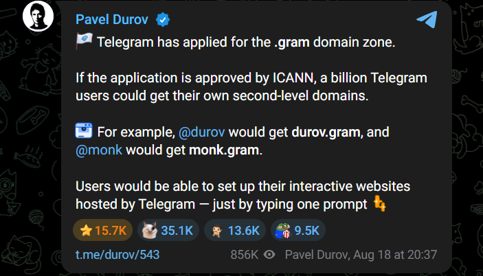 Telegram is creating its own internet: Durov plans to launch .gram domains