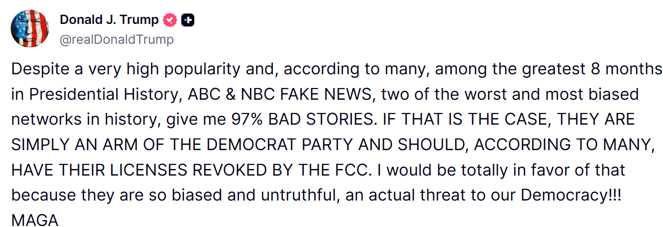 Трамп угрожает лицензиями NBC и ABC из-за объективности в освещении новостей