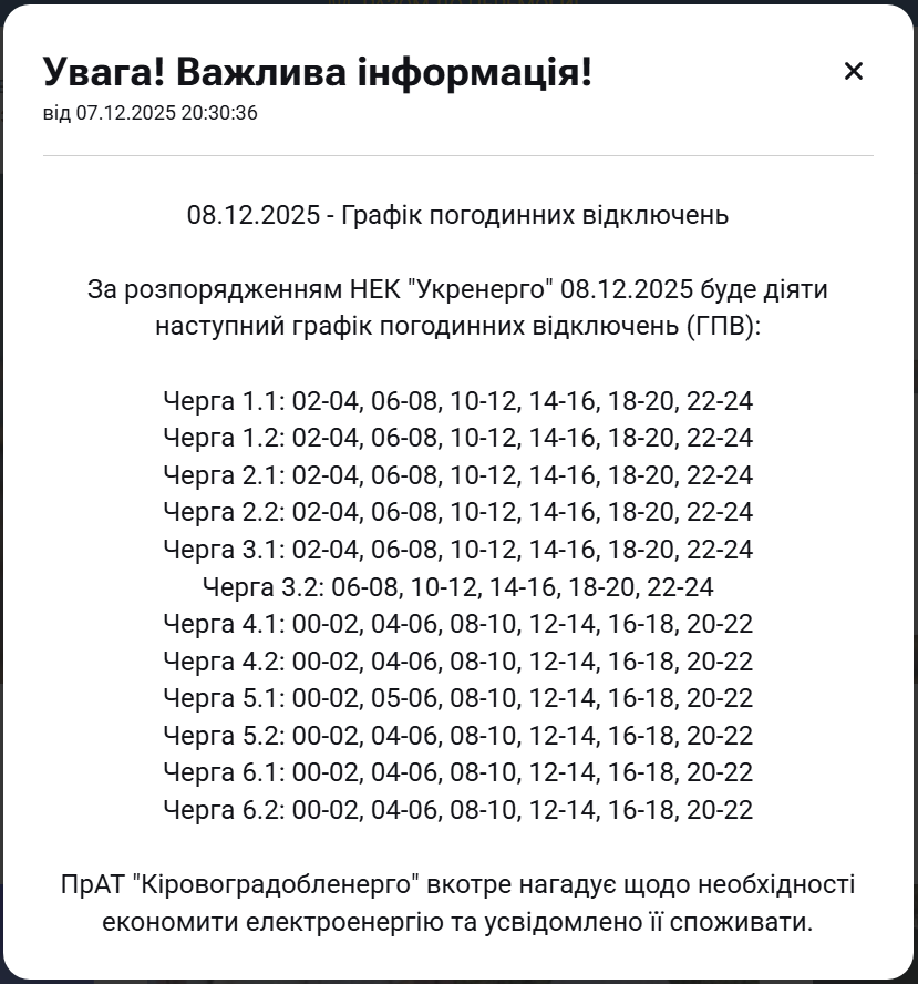 Графіки відключення світла в Україні на сьогодні: список по областях