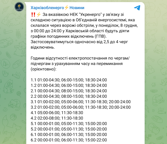 Графіки відключення світла в Україні на сьогодні: список по областях