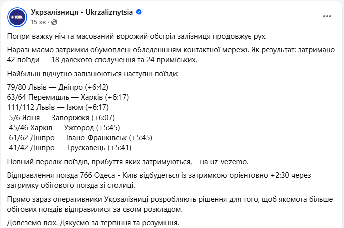 Из-за непогоды задерживаются 42 поезда по Украине: какие больше всего