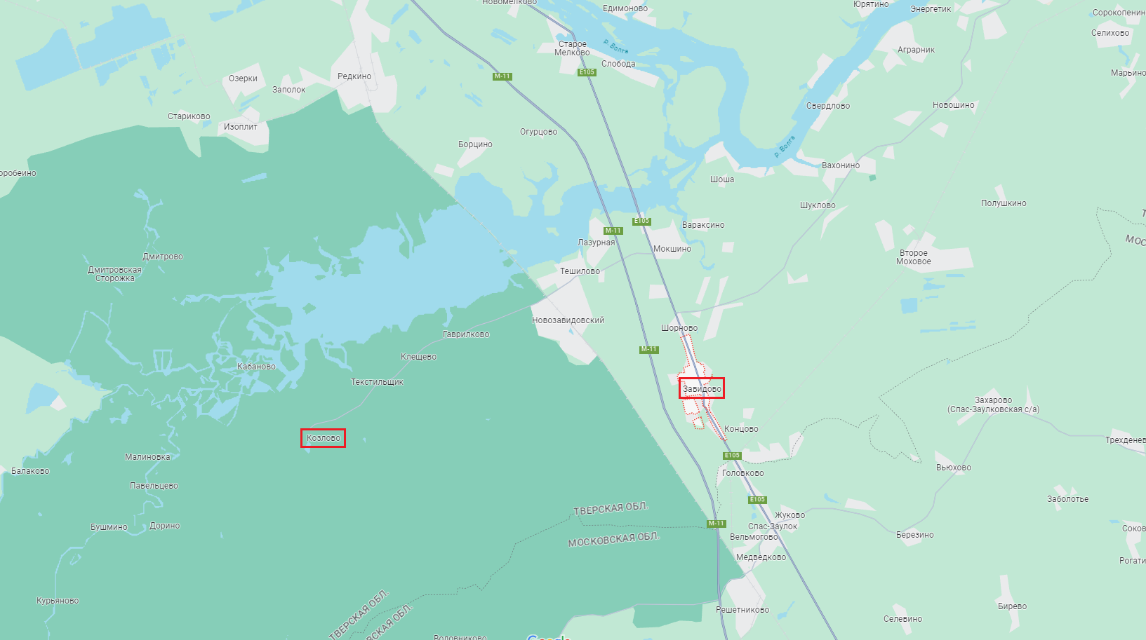 При этом расстояние между Козлово и Завидово - около 15 километров.