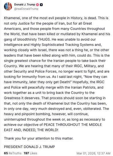 Хаменеї мертвий: Трамп звернувся до Ірану