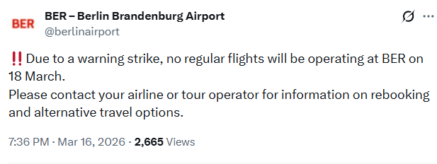 "Блекаут" у небі Німеччини: чому аеропорт Берліна повністю зупинить роботу 18 березня