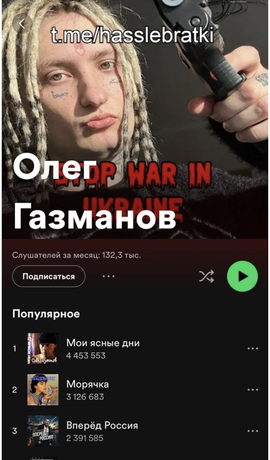 &quot;Рюмка водки&quot; тепер тільки на столі: Spotify видалив сторінки одразу декількох російських співаків