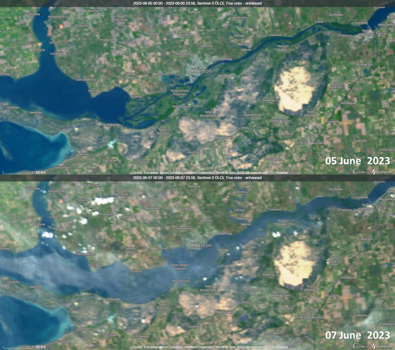 Місто під водою. З'явилися супутникові знімки Херсона після підриву Каховської ГЕС