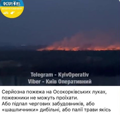 В Дарницком районе Киева на Осокорках начался сильный пожар на открытой местности.