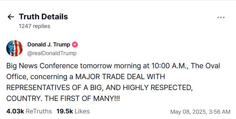 Трамп заинтриговал анонсом &quot;большой торговой сделки&quot;: СМИ узнали, с какой страной