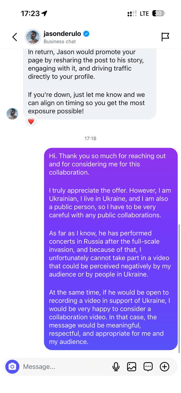 Ukrainian model rejects Jason Derulo collaboration over Russia concerts