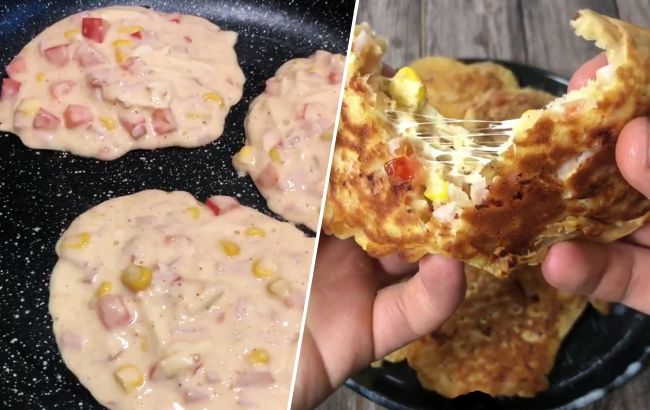 Вместо пиццы: рецепт оладьев с ветчиной и помидором