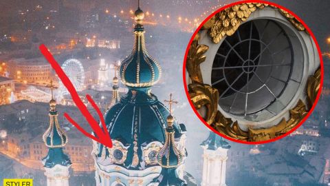 В Киеве из-за непогоды пострадала Андреевская церковь: в куполе треснуло стекло (фото)