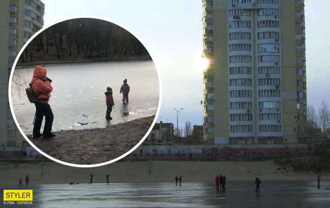 В Киеве активизировались бесстрашные родители: они пускают на лед детей в +7 (фото)