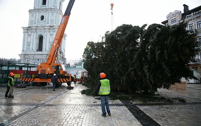 В Киеве начали установку главной новогодней елки страны (фоторепортаж)