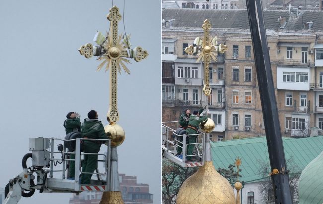 "Знак нашей победы": на Софии Киевской установили крест, сорванный ураганом перед российским вторжением