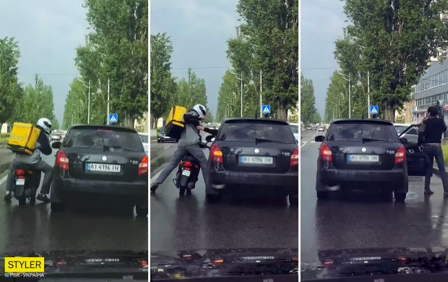 В Киеве курьер Glovo устроил драку с водителем прямо посреди дороги (видео)