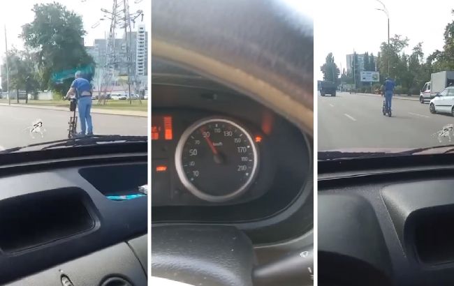 В Києві самокатник розігнався до "надшвидкості", обганяючи вантажівки (відео)