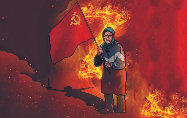 В России девочку переодели в бабушку с флагом СССР, ставшую символом оккупации (видео)