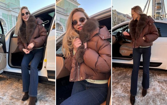 Деним, замша и куртка с меховым воротником: зимний "лук" Даши Трегубовой