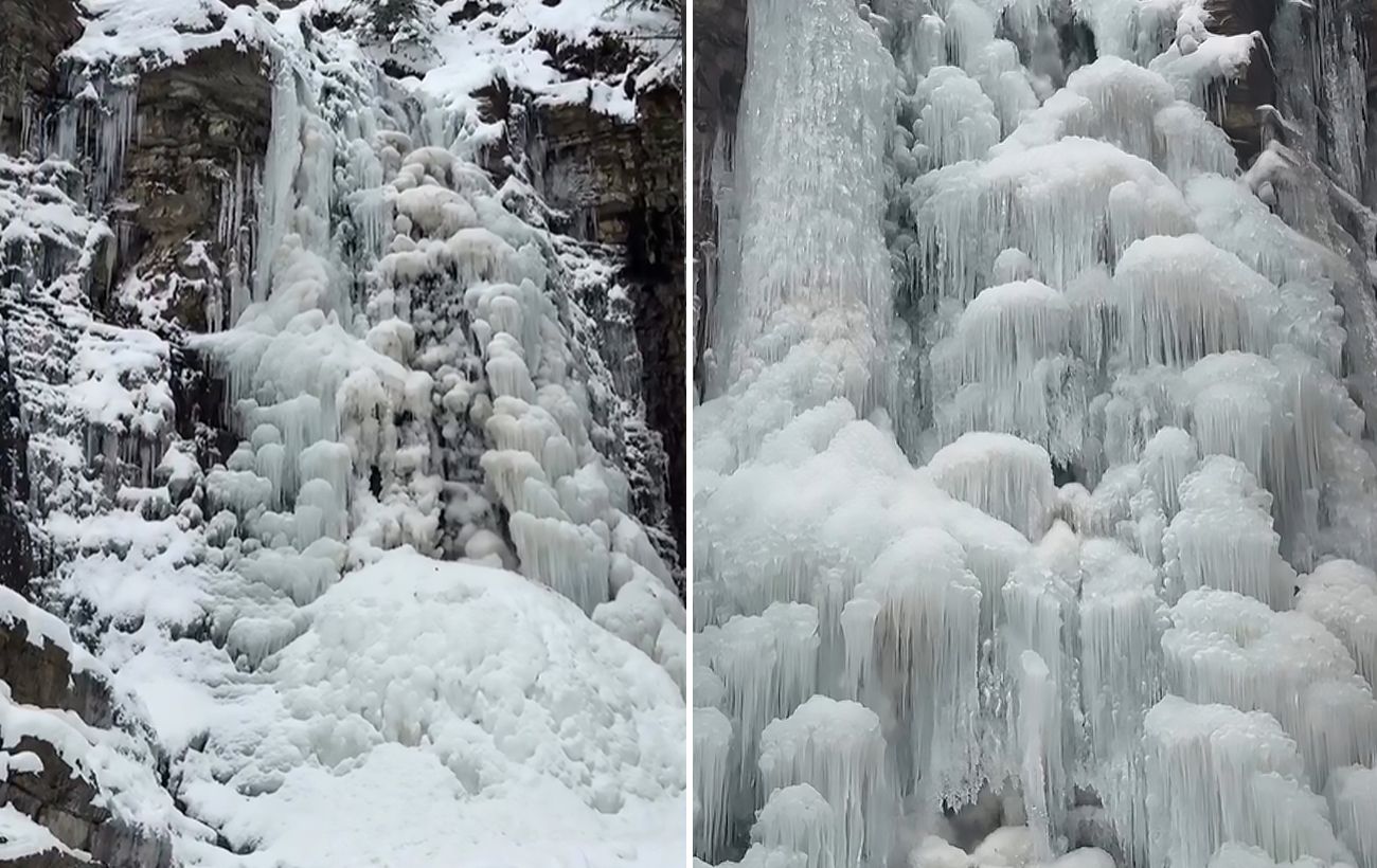 Застигла магія Карпат: Манявський водоспад перетворився на гігантську крижану брилу