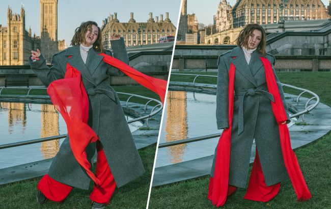 Серое пальто и красный акцент: стильный лондонский образ Оли Цыбульской