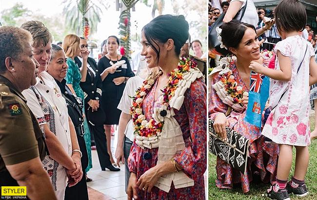 Меган Маркл на Фіджі в сукні Figue в етно-стилі зустрілася з жінками-силовиками