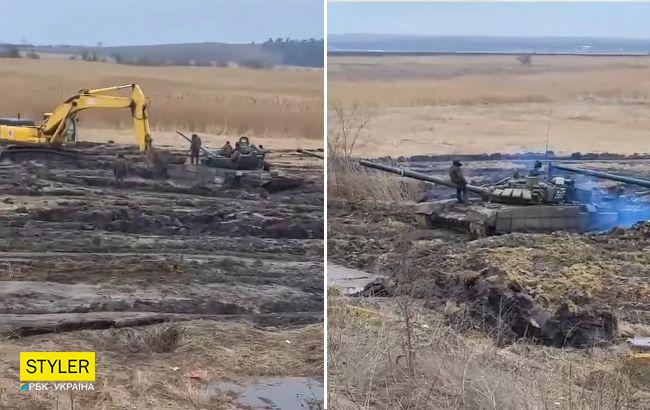 Российские танки безвылазно застряли в грязи под Ростовом (видео)