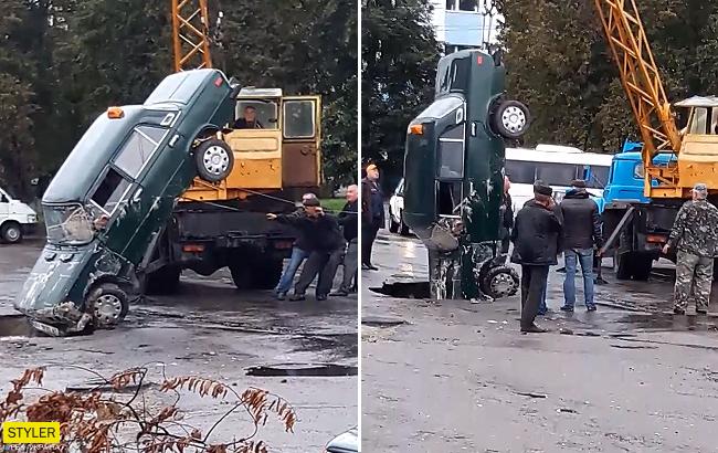 В Киевской области машина "нырнула" под асфальт (фото, видео)
