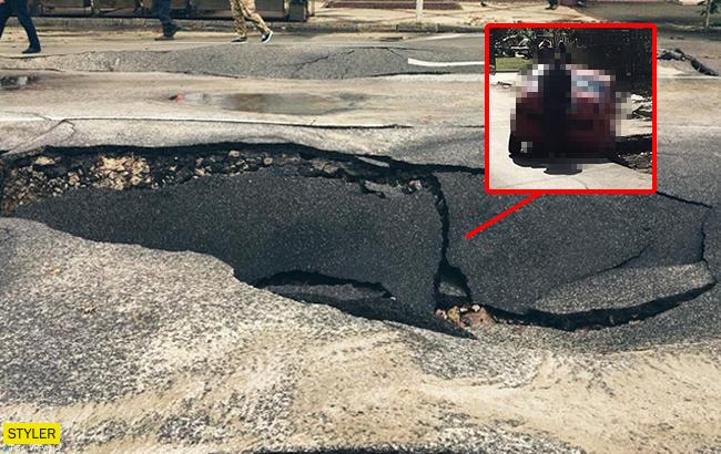 "Крізь землю": у Києві авто провалилося у величезну яму (фото)
