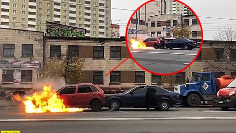 "Жуть": в Киеве после аварии вспыхнул автомобиль