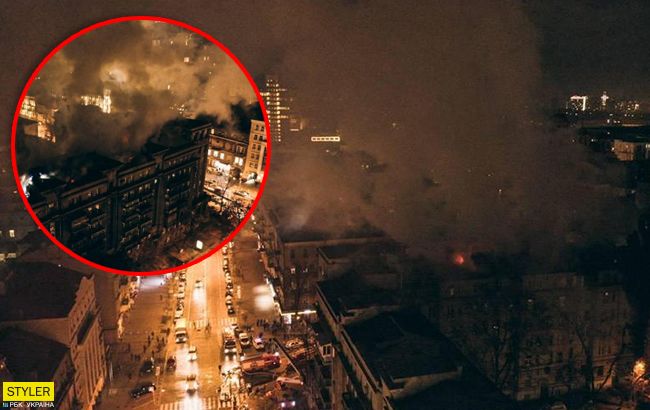 Ночной пожар в центре Киева: впечатляющее видео