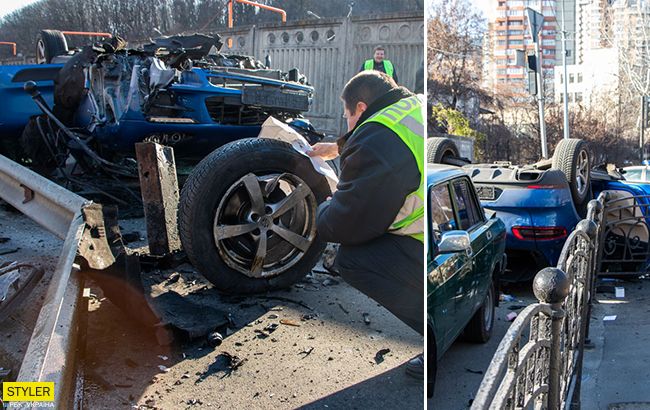 В Киеве элитный Porsche устроил масштабное ДТП: снес ограждения, перевернулся и загорелся (видео)