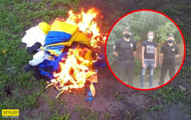 Под Луганском мужчина сжег флаг Украины: в сеть попало фото вандала