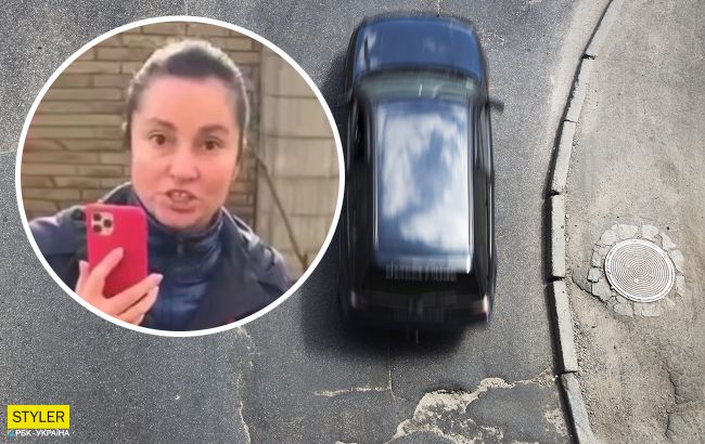 У Києві жінка повернула яму на дорозі після ремонту: відео витівки