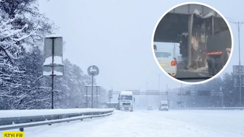 В Киеве самосвал зацепился и повис на путепроводе: никак не могут "оторвать"